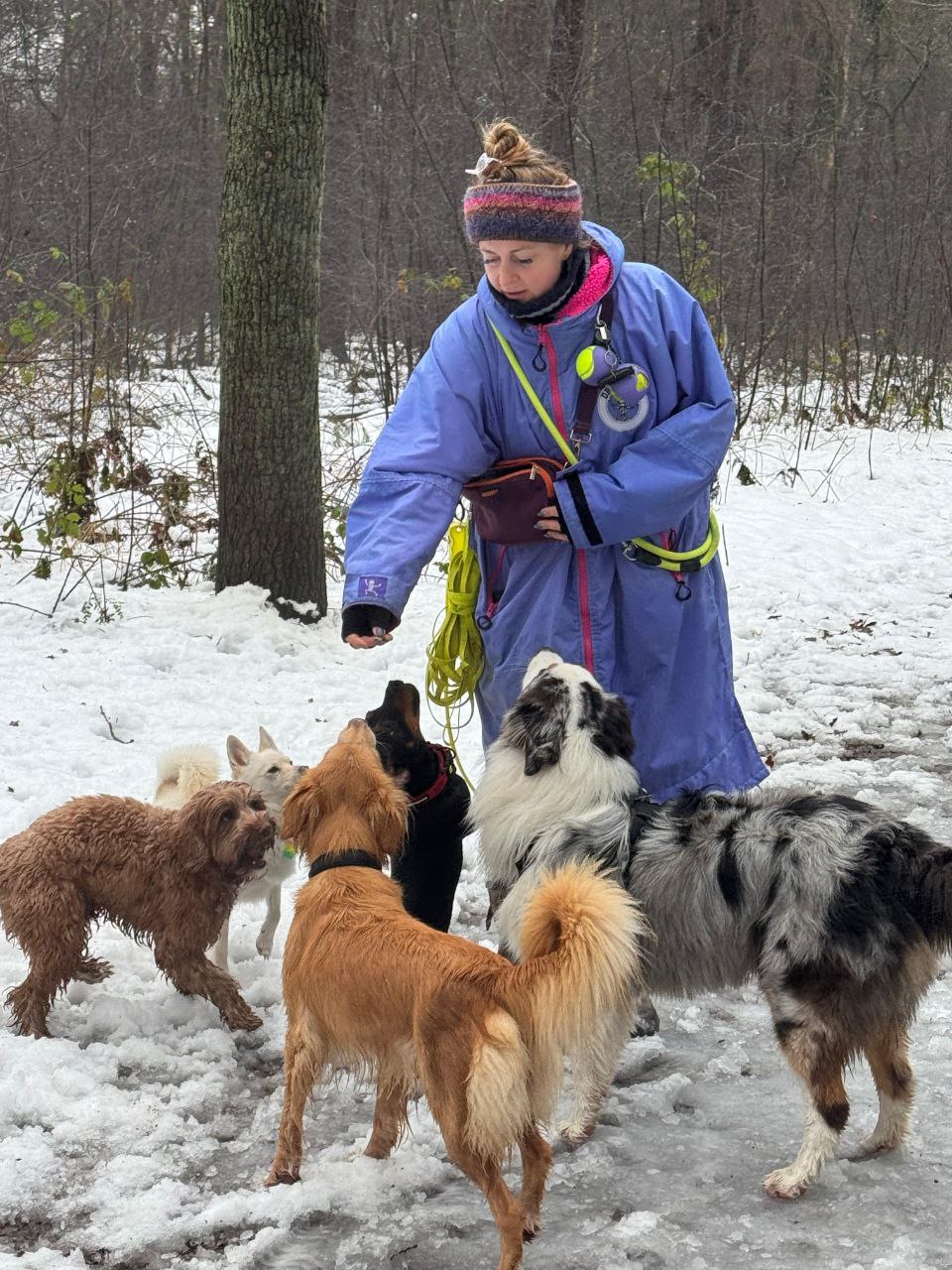 Anne-Mieke met honden tijdens groepswandeling